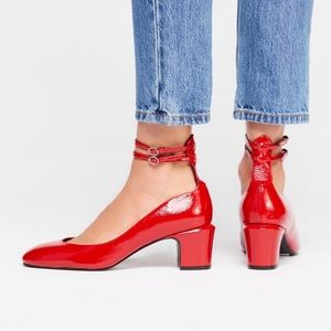 Free People Lana Ankle Black Heel | red patent leather